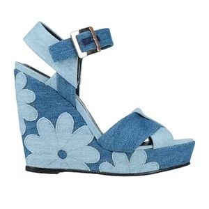 Roger Vivier Denim Floral Wedge Platform Sandals